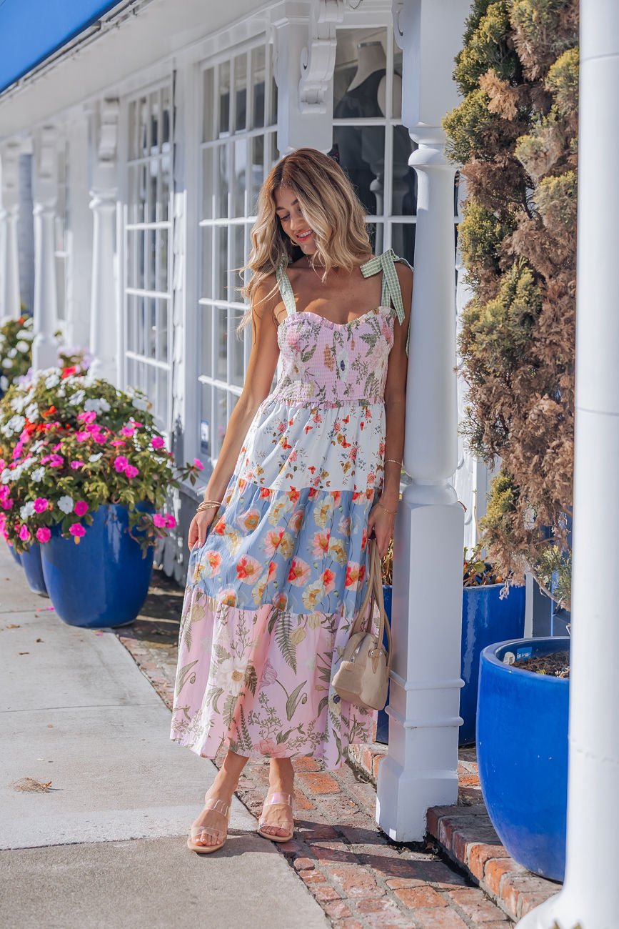 Multi Pink Floral Bow Strap Midi Dress for Women