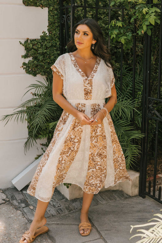 Multi Taupe Print Lace Midi Dress - Magnolia Boutique