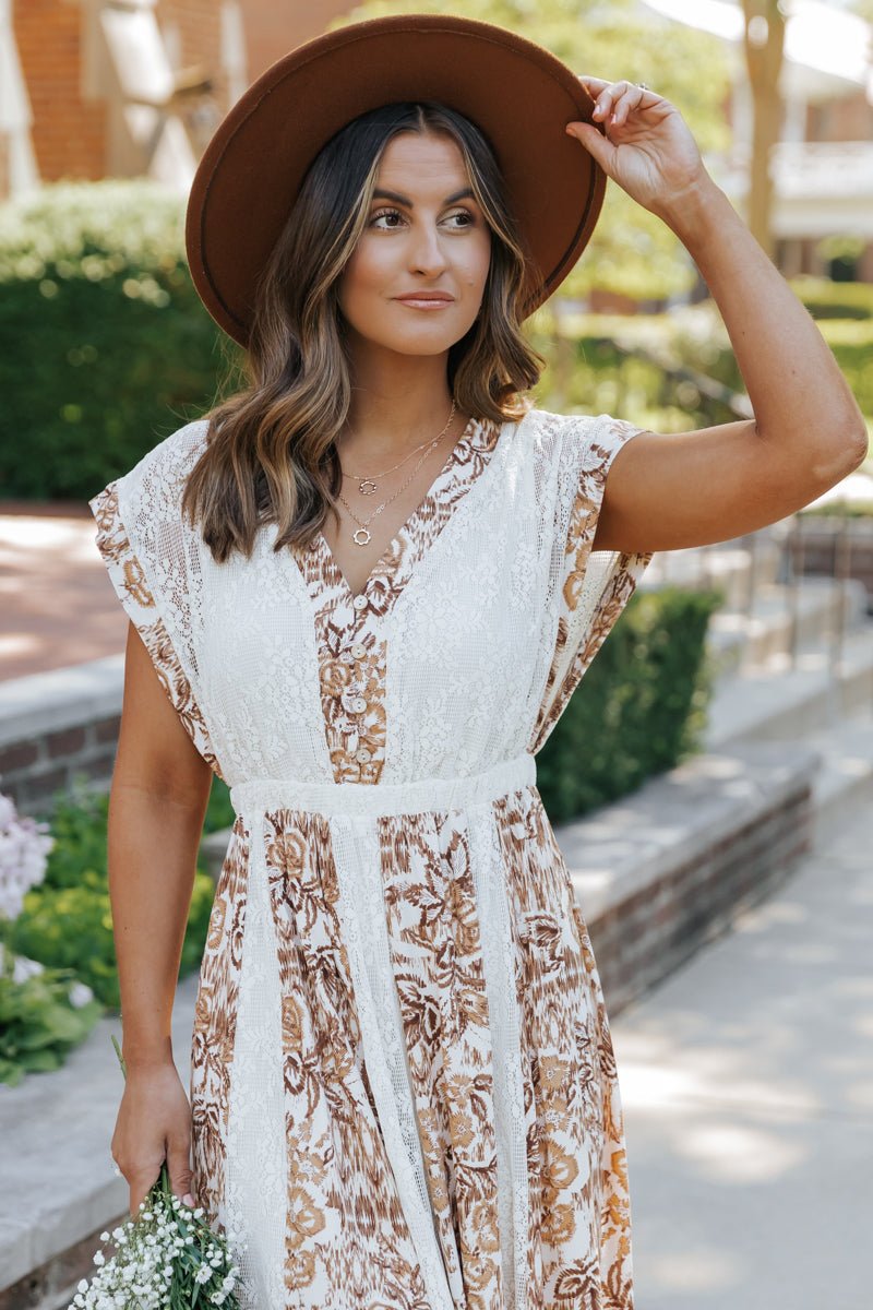 Multi Taupe Print Lace Midi Dress - Magnolia Boutique