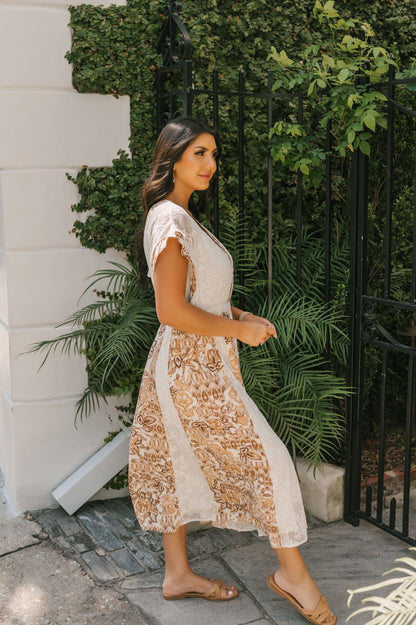 Multi Taupe Print Lace Midi Dress - Magnolia Boutique