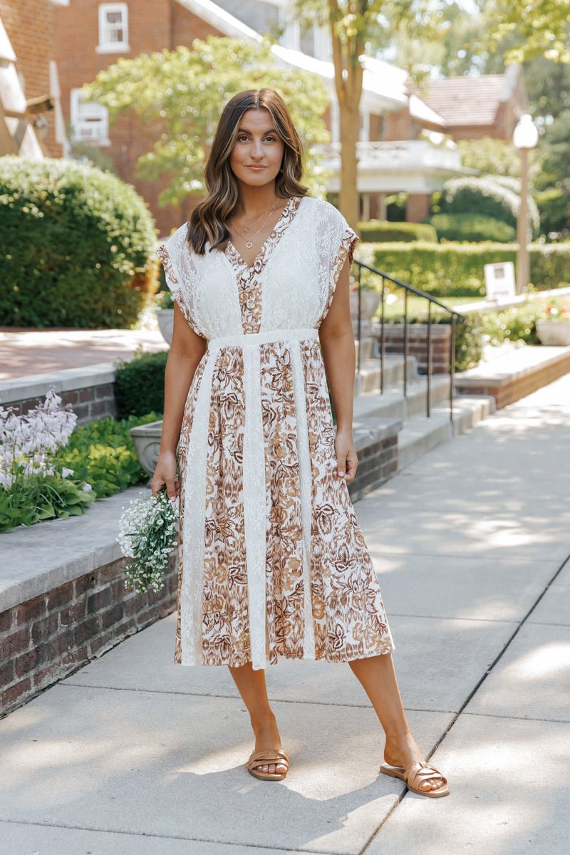 Multi Taupe Print Lace Midi Dress - Magnolia Boutique