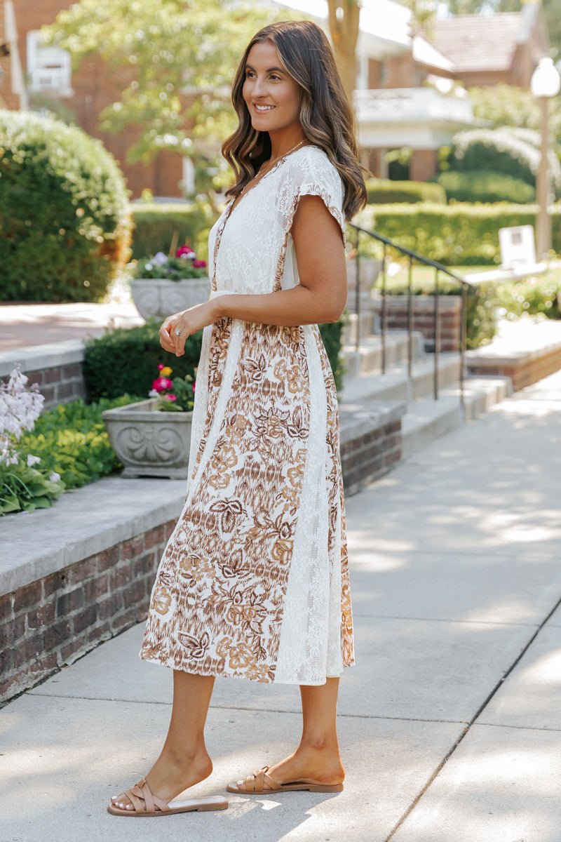 Multi Taupe Print Lace Midi Dress - Magnolia Boutique