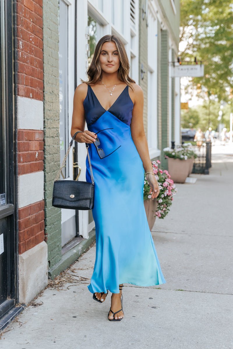 MUSE Blue Ombre V Neck Maxi Dress - Magnolia Boutique