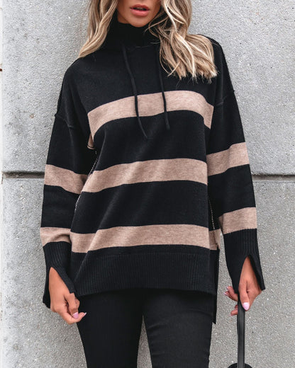 Muse By Magnolia Black and Taupe Striped Hooded Sweater - Magnolia Boutique