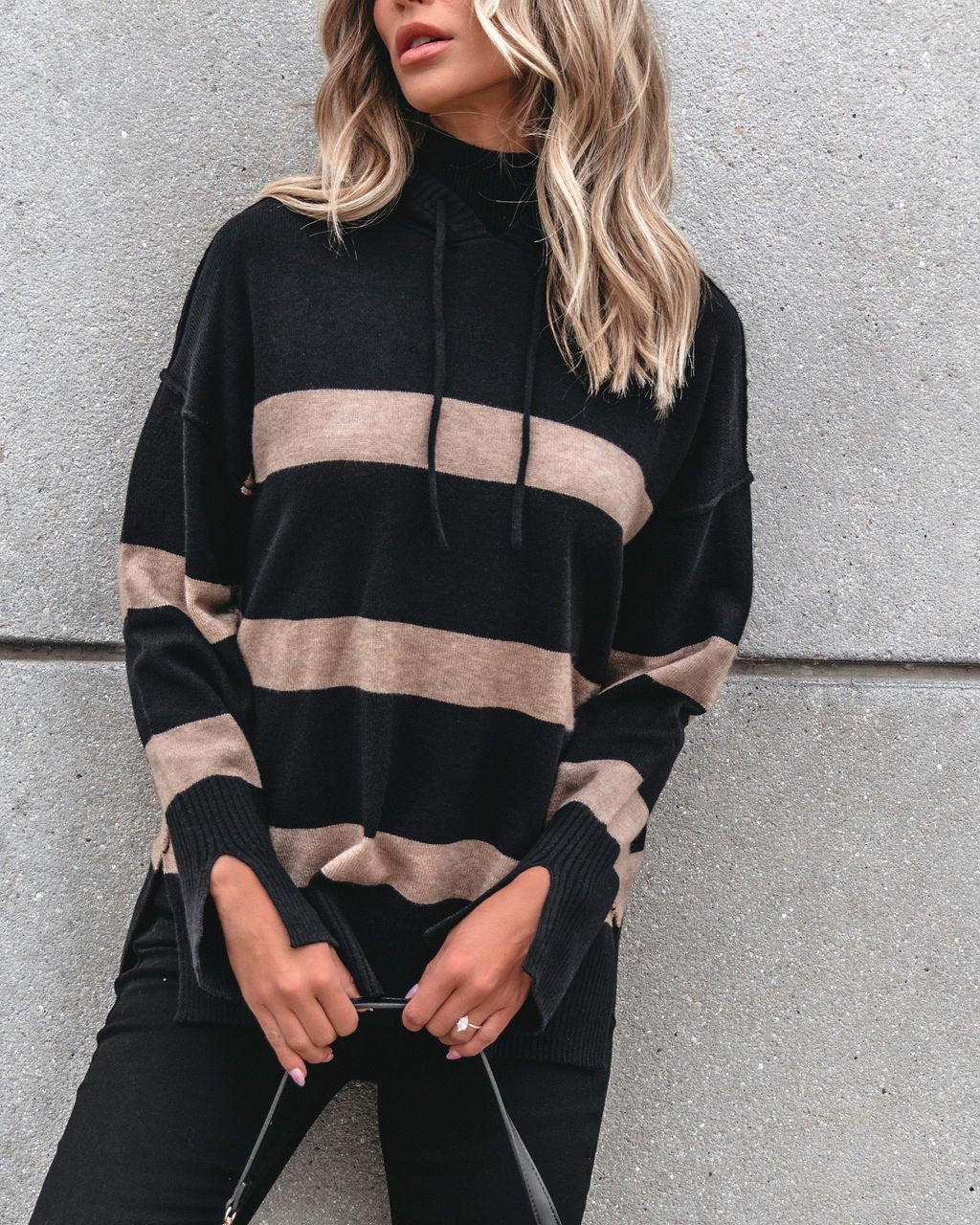 Muse By Magnolia Black and Taupe Striped Hooded Sweater - Magnolia Boutique