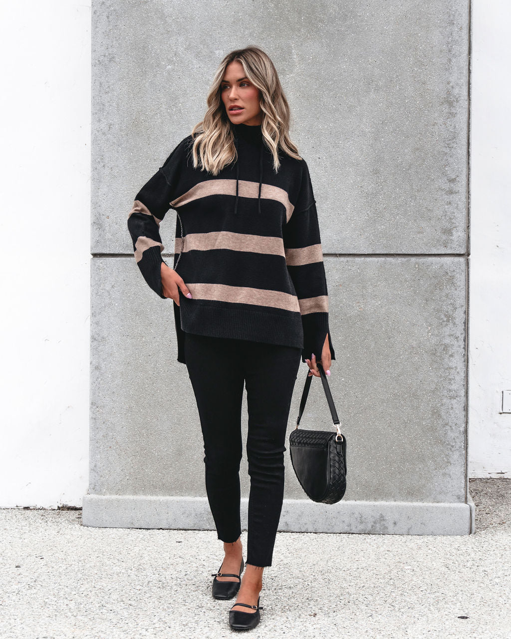 Muse By Magnolia Black and Taupe Striped Hooded Sweater - Magnolia Boutique