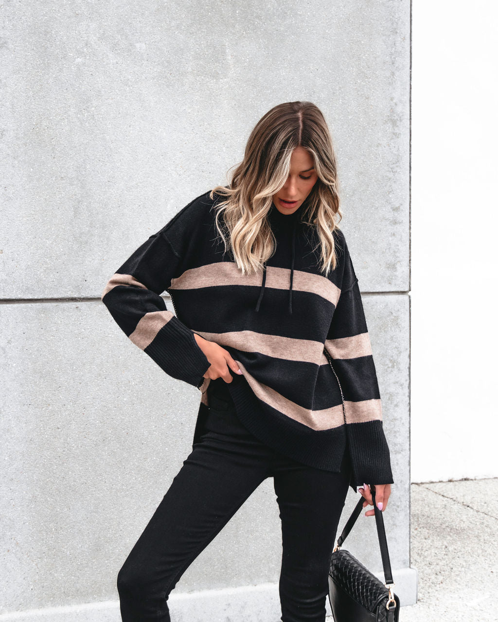 Muse By Magnolia Black and Taupe Striped Hooded Sweater - Magnolia Boutique