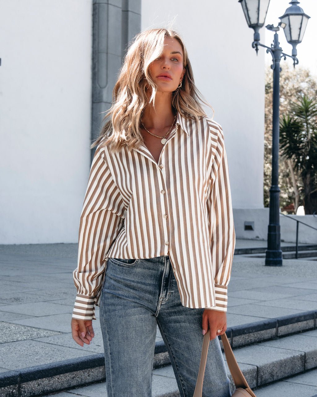 Muse By Magnolia Camel Striped Button Down Shirt - Magnolia Boutique