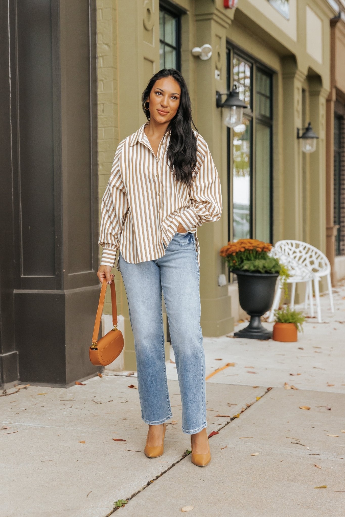 Muse By Magnolia Camel Striped Button Down Shirt - Magnolia Boutique