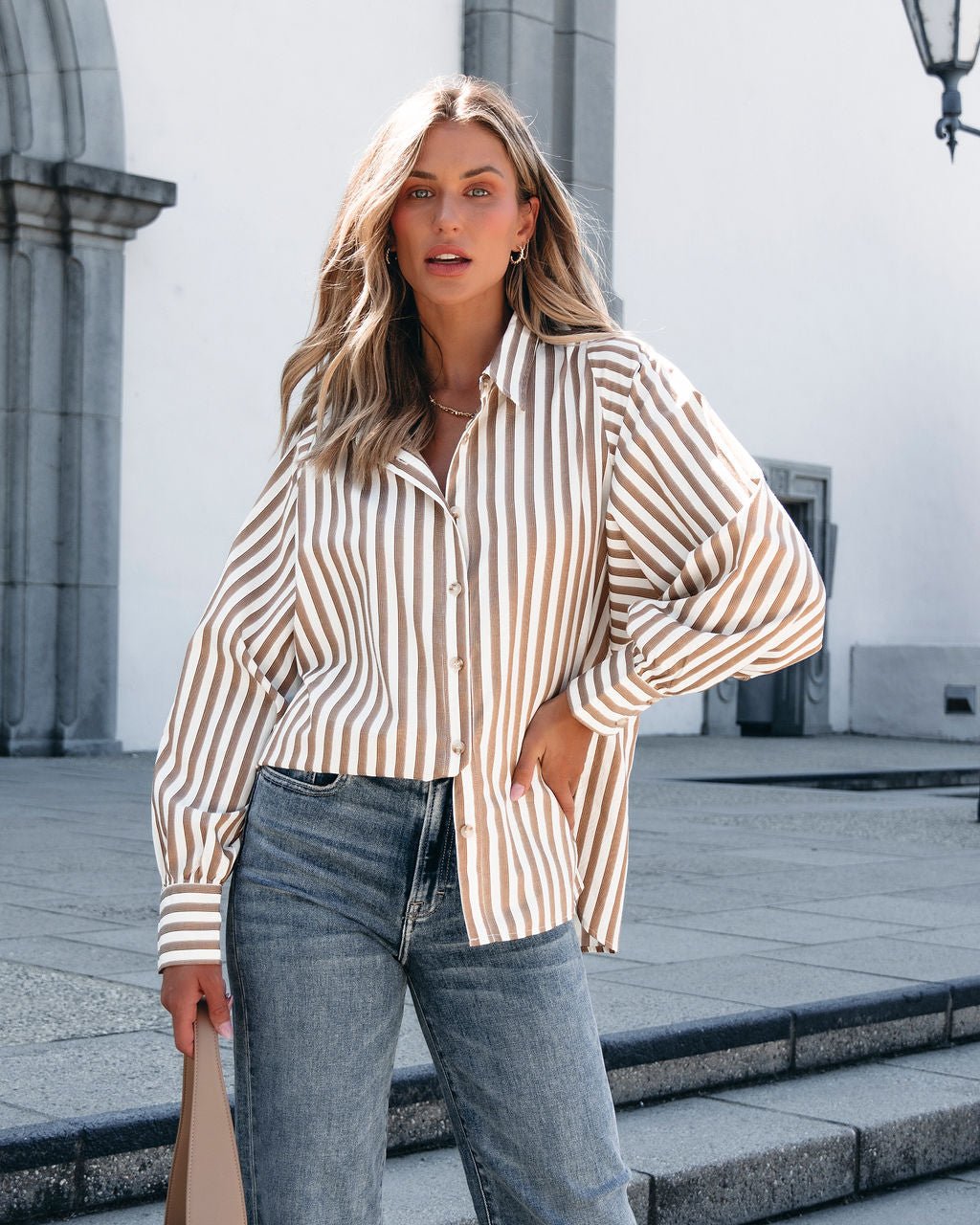 Muse By Magnolia Camel Striped Button Down Shirt - Magnolia Boutique