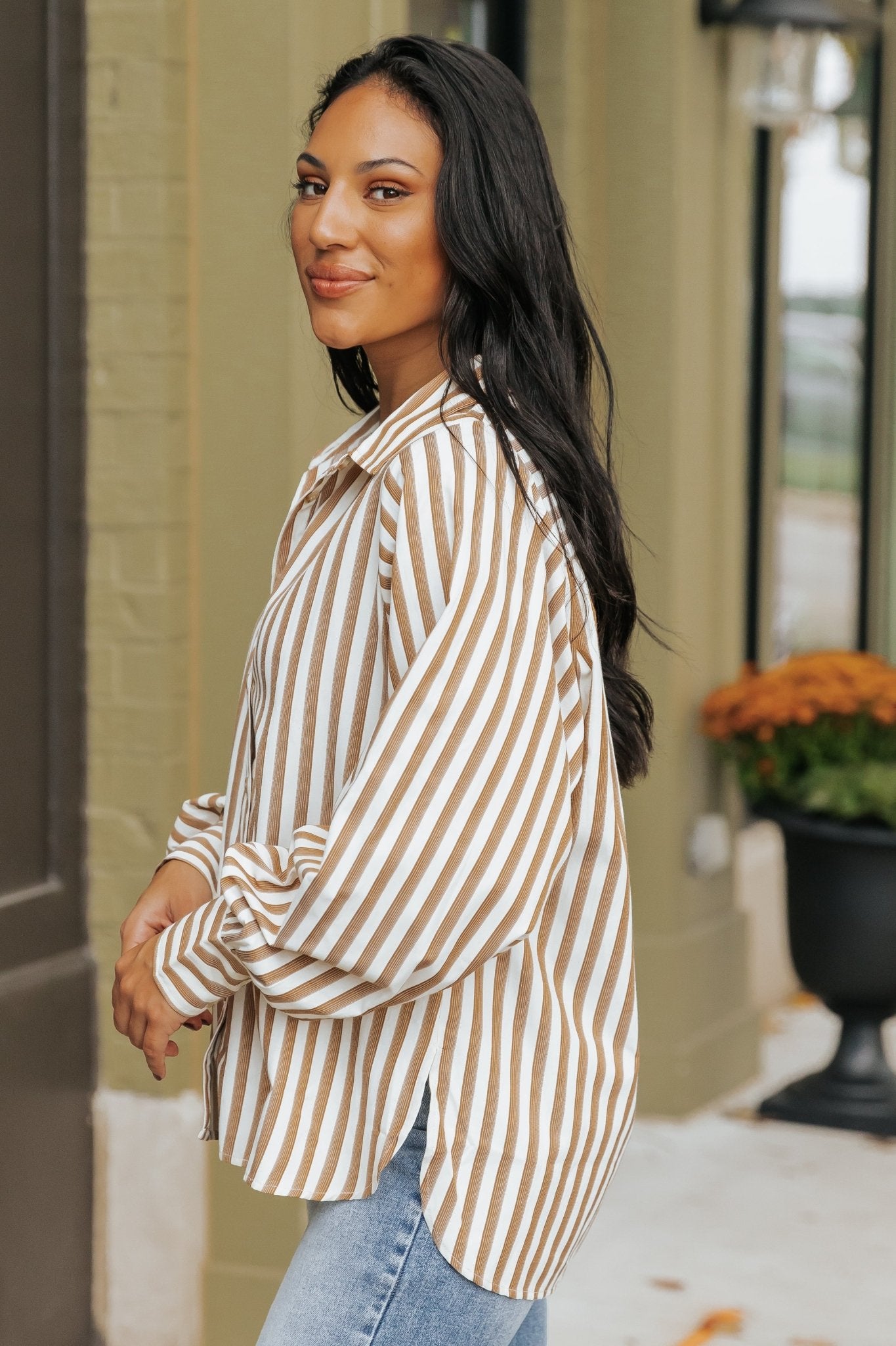 Muse By Magnolia Camel Striped Button Down Shirt - Magnolia Boutique