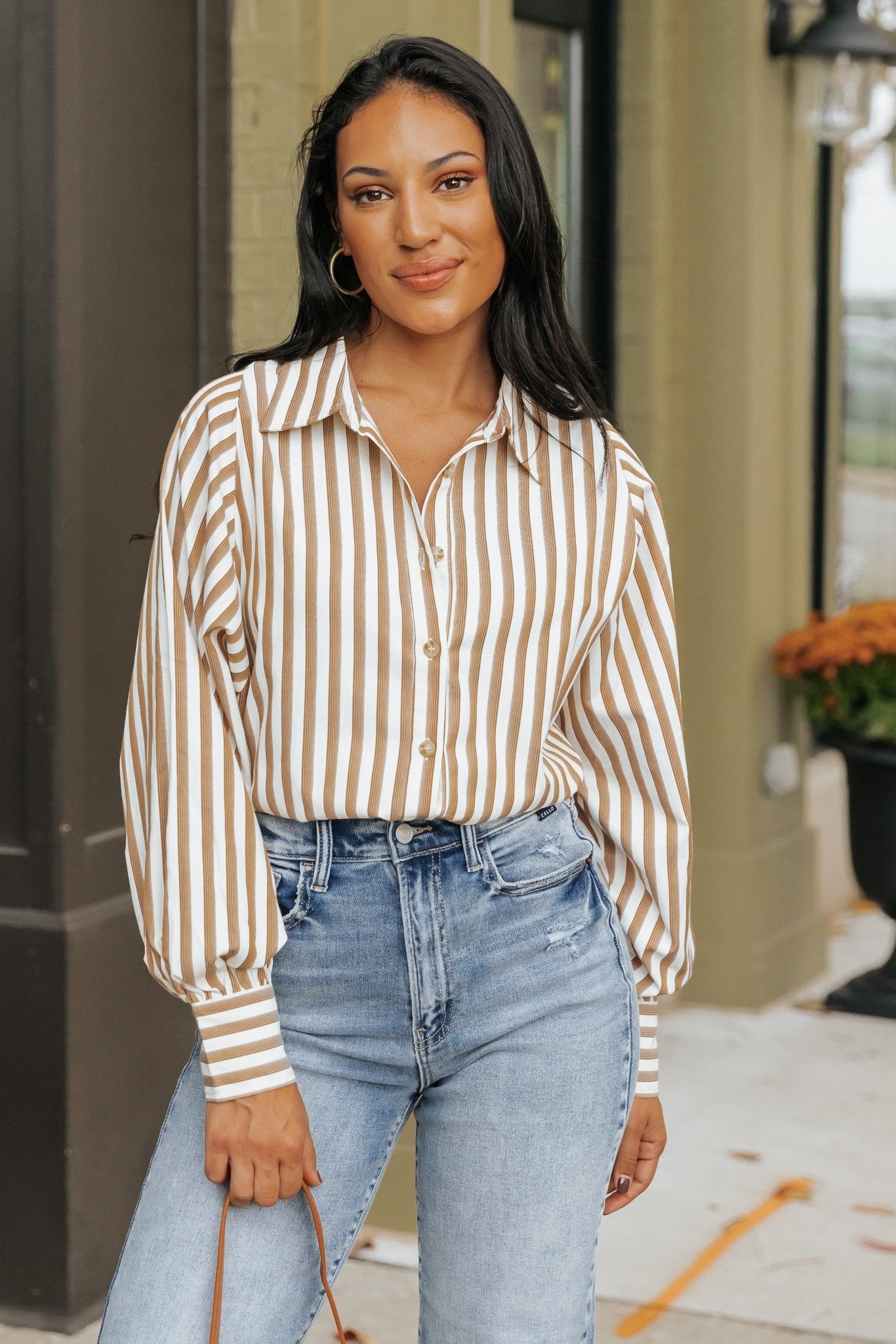 Muse By Magnolia Camel Striped Button Down Shirt - Magnolia Boutique