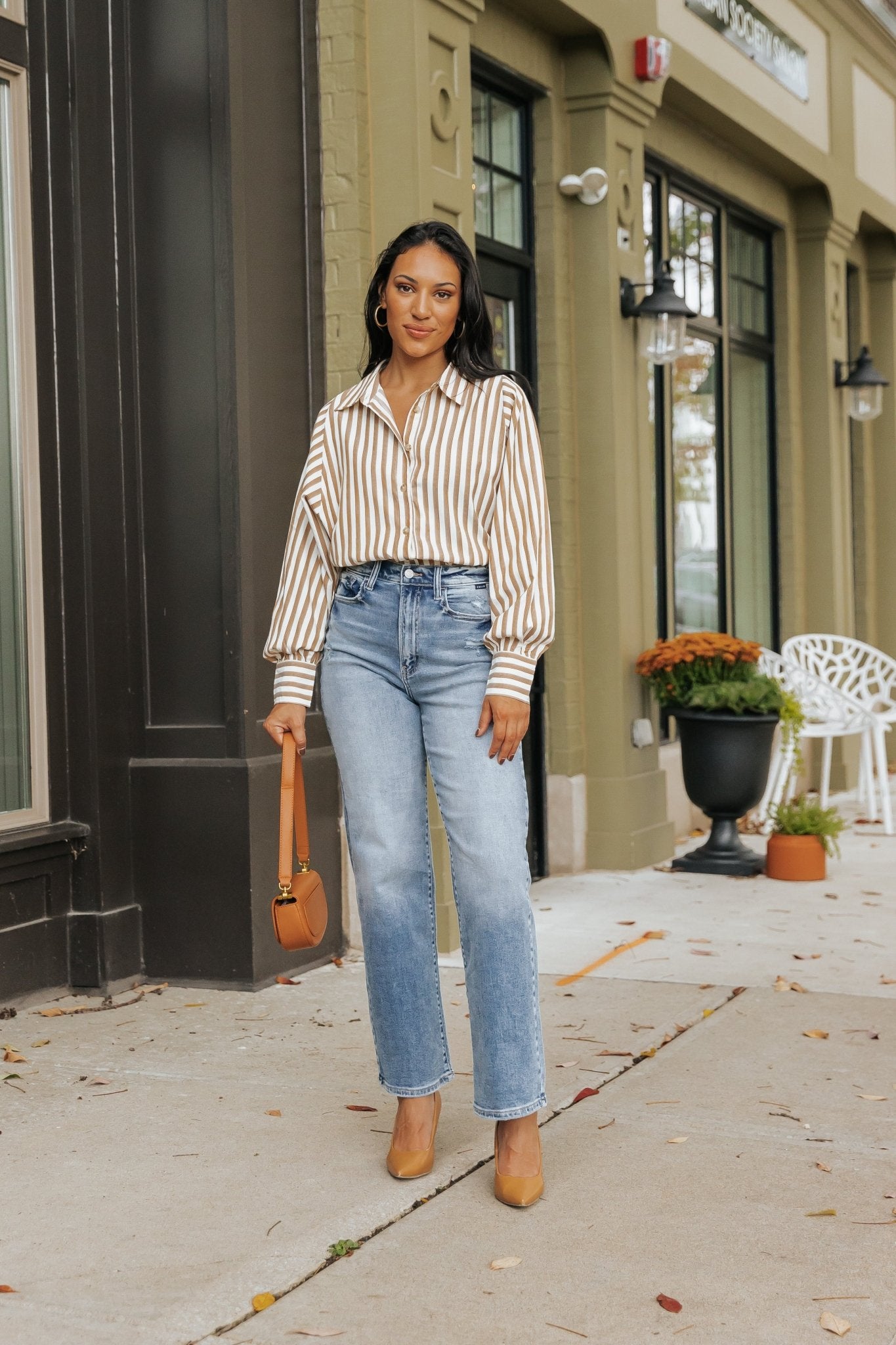 Muse By Magnolia Camel Striped Button Down Shirt - Magnolia Boutique