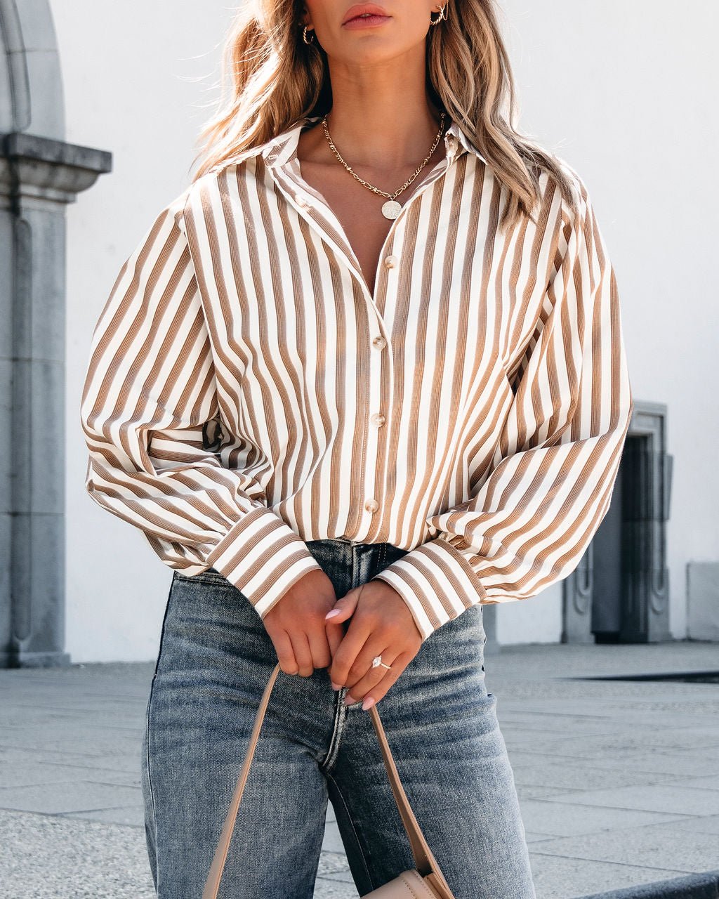 Muse By Magnolia Camel Striped Button Down Shirt - Magnolia Boutique