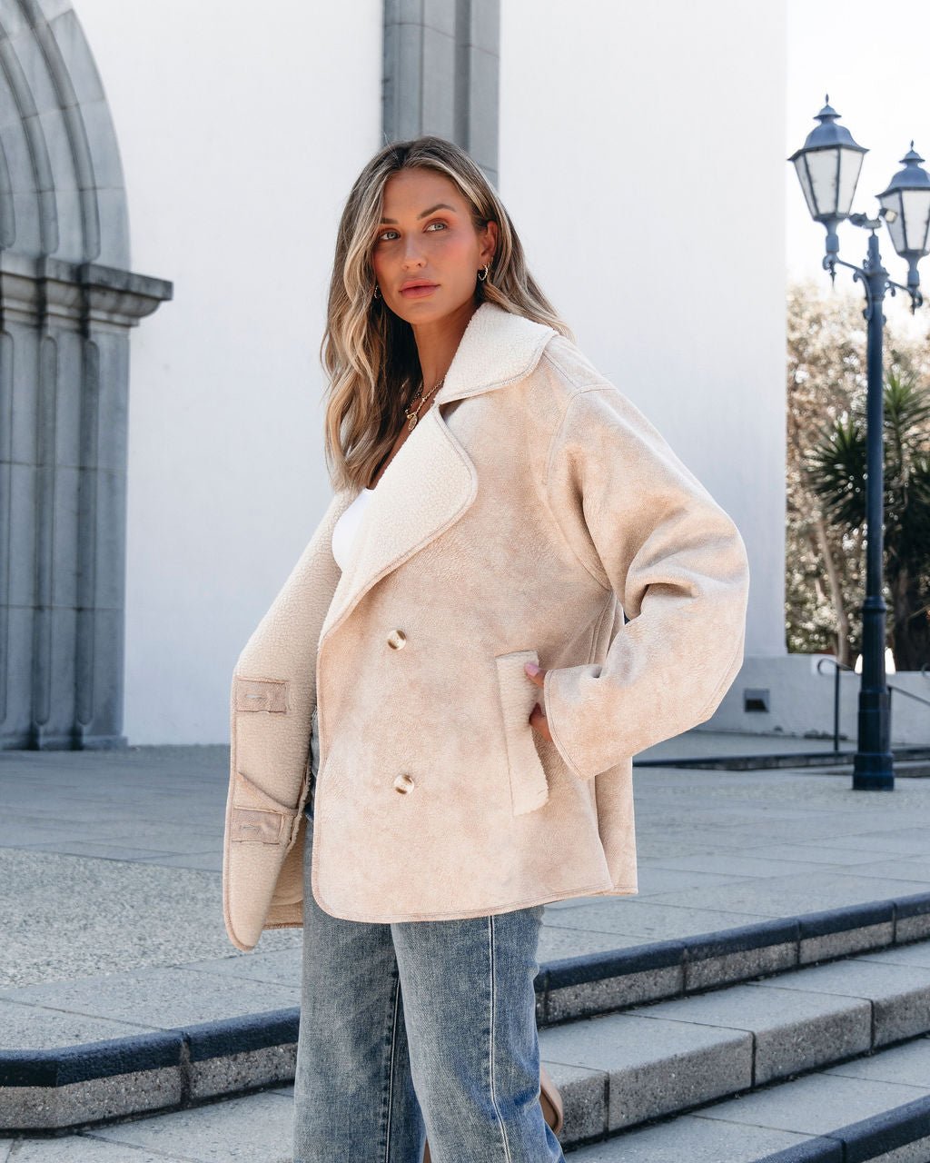 Muse By Magnolia Faux Suede Sherpa Jacket - Beige - Magnolia Boutique