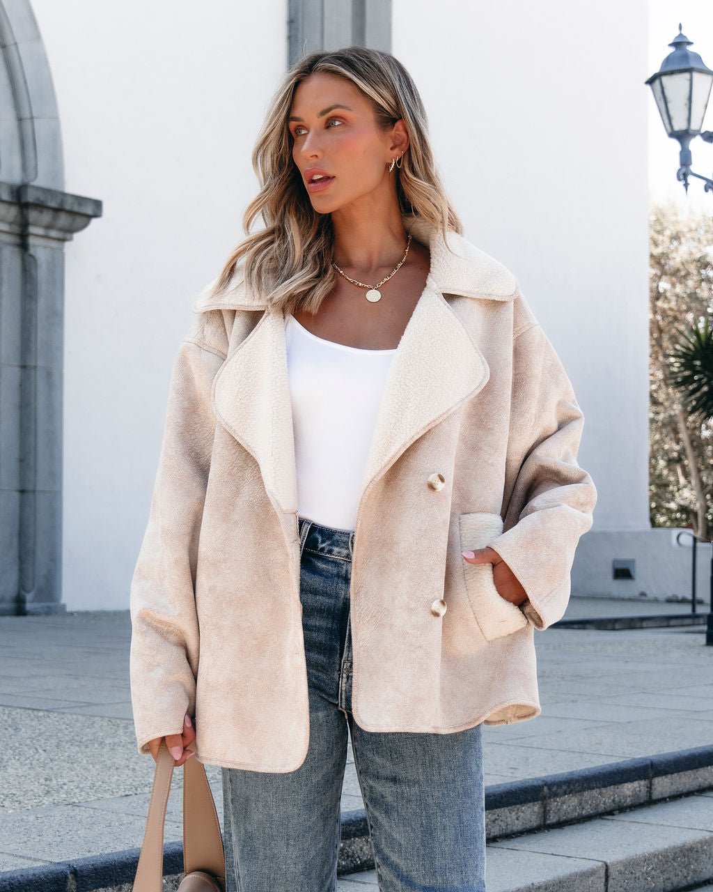 Muse By Magnolia Faux Suede Sherpa Jacket - Beige - Magnolia Boutique