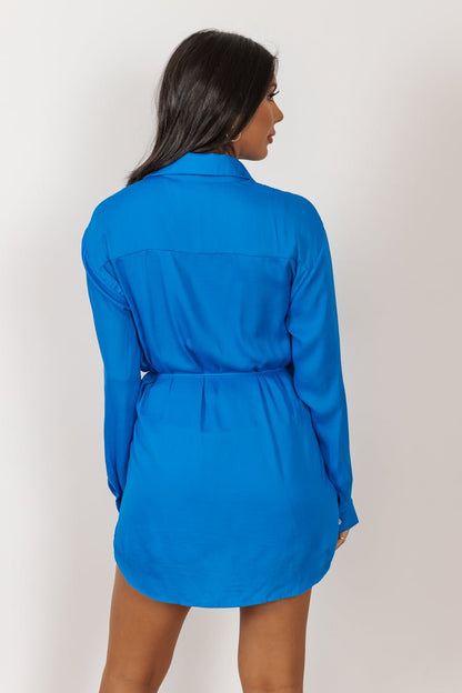 MUSE Satin Blue Shirt Romper - Magnolia Boutique