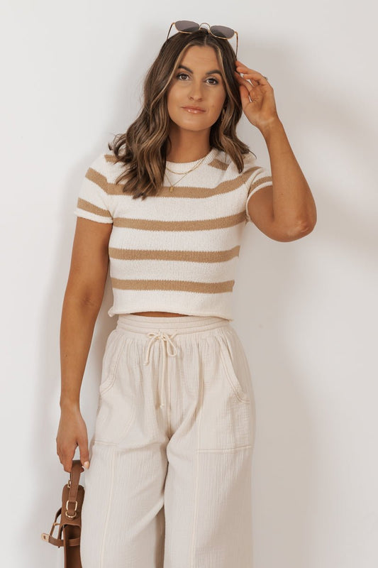 MUSE Tan Striped Short Sleeve Sweater - Magnolia Boutique