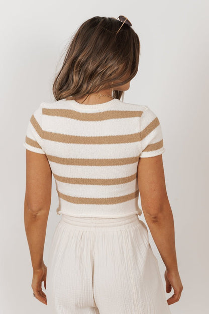MUSE Tan Striped Short Sleeve Sweater - Magnolia Boutique