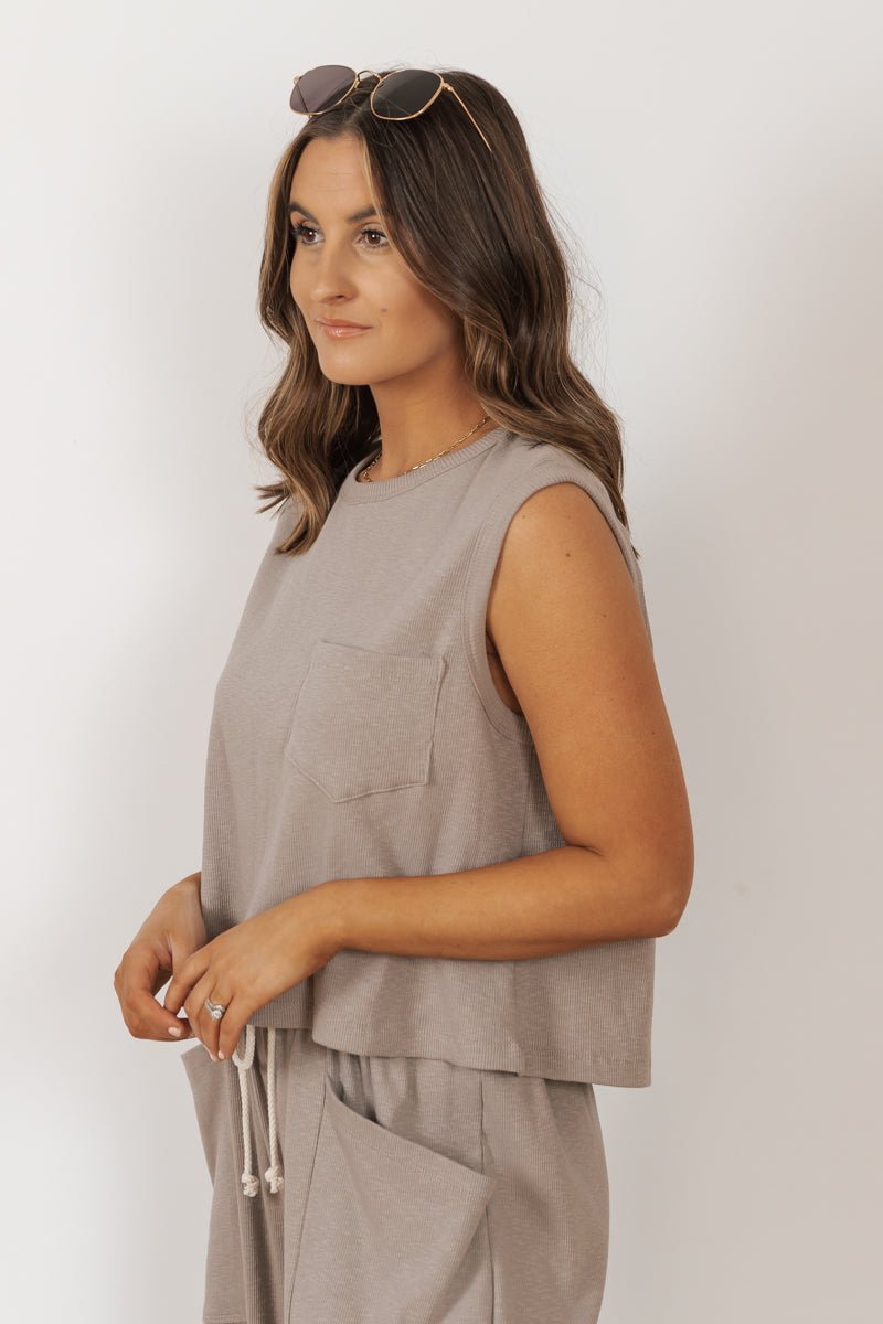 MUSE Taupe Cotton Sleeveless Top - Magnolia Boutique