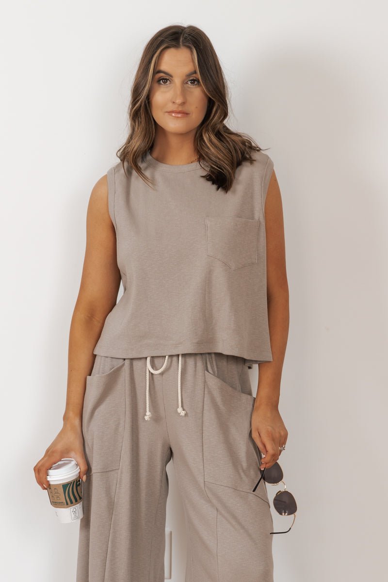 MUSE Taupe Cotton Sleeveless Top - Magnolia Boutique