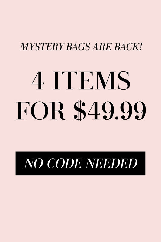 Text on a pink background reads: Mystery Bag - FINAL SALE is back! Get 4 women’s fashion deals for $49.99. No code needed.