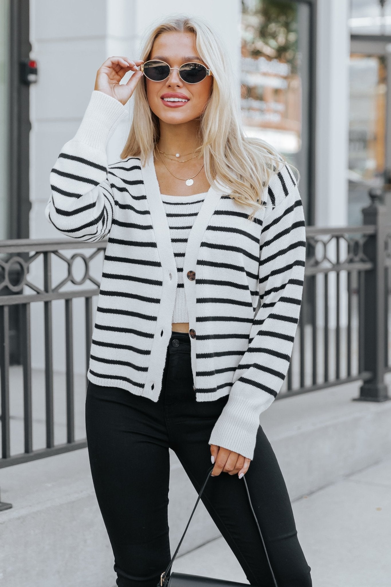 Natural And Black Striped Sweater Cardigan - Magnolia Boutique