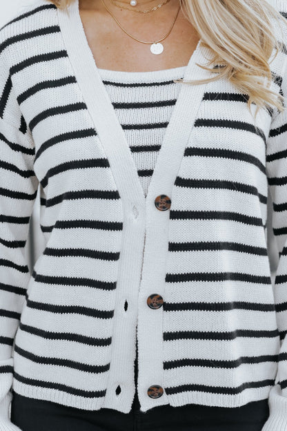 Natural And Black Striped Sweater Cardigan - Magnolia Boutique