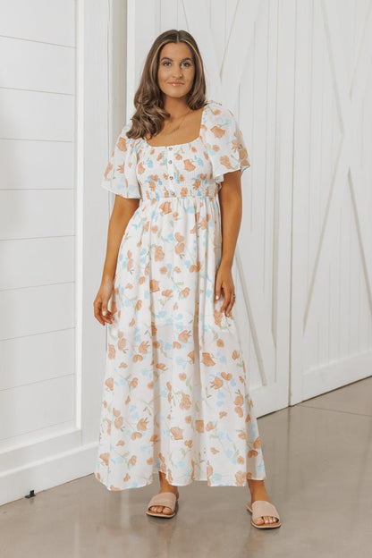 Natural Floral Print Smocked Maxi Dress - Magnolia Boutique