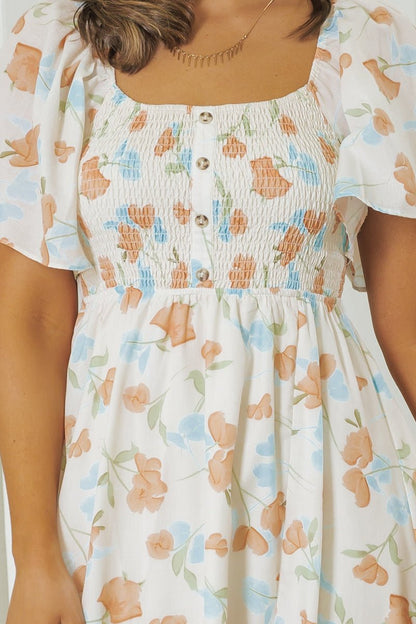 Natural Floral Print Smocked Maxi Dress - Magnolia Boutique