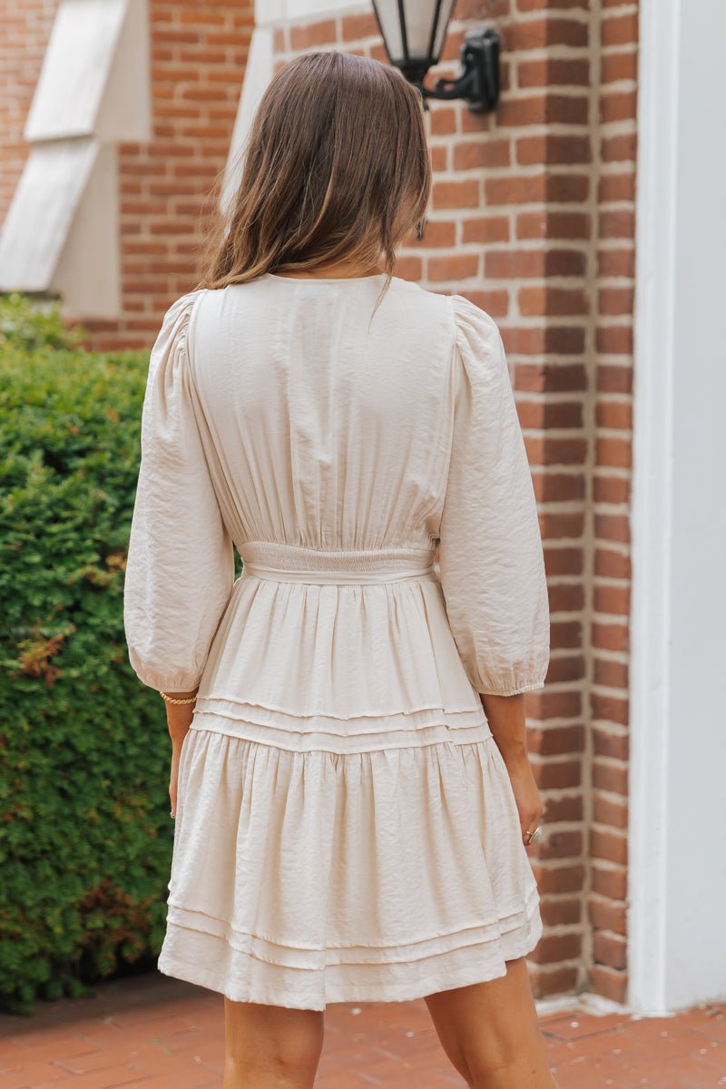 Natural Pin - tuck Tie Waist Mini Dress | Pre Order - Magnolia Boutique