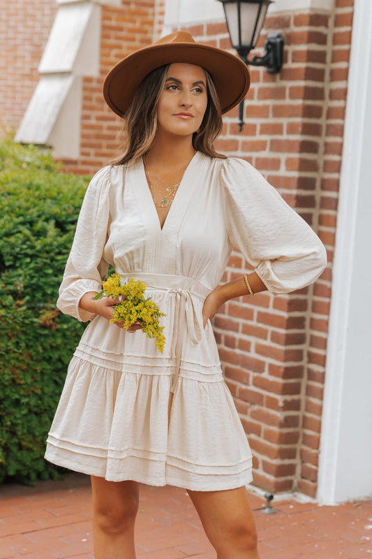 Natural Pin - tuck Tie Waist Mini Dress | Pre Order - Magnolia Boutique