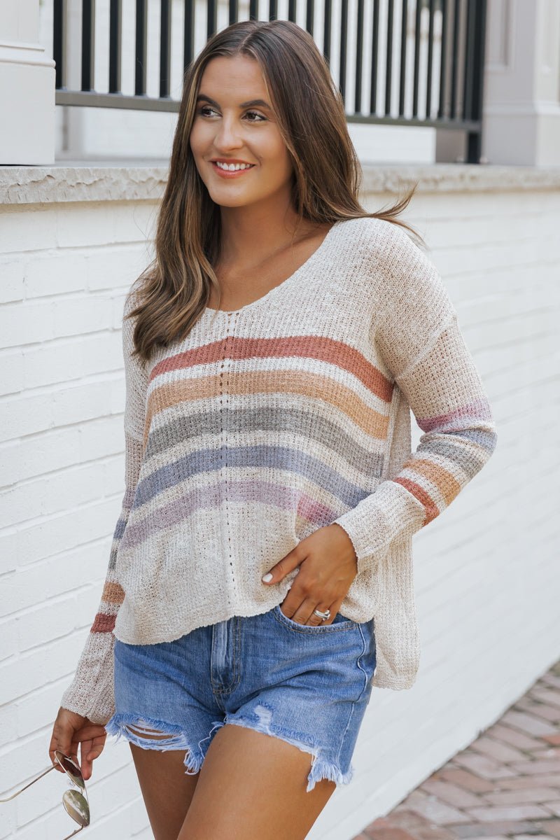 Natural Rainbow Striped V Neck Sweater - Magnolia Boutique