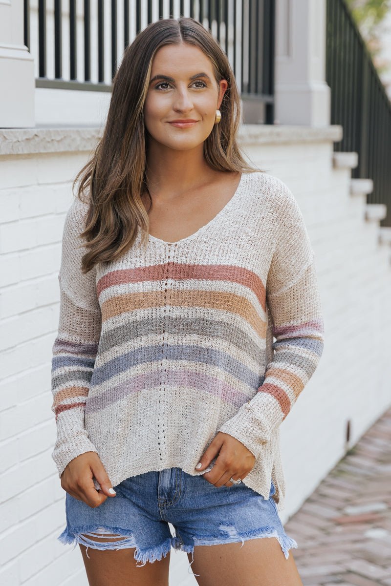 Natural Rainbow Striped V Neck Sweater - Magnolia Boutique