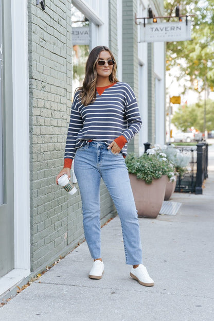 Navy and White Stripe Contrast Sweater - Magnolia Boutique