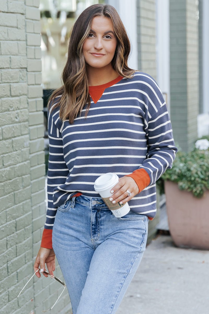 Navy and White Stripe Contrast Sweater - Magnolia Boutique