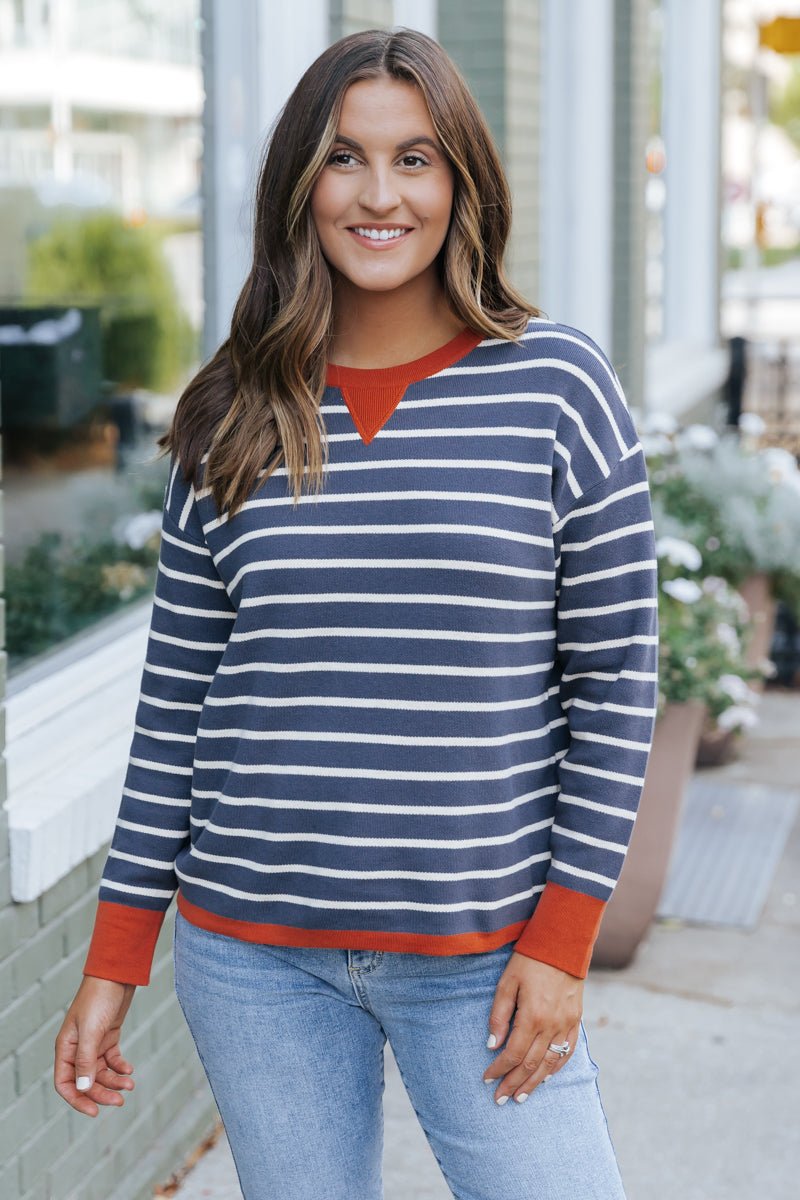 Navy and White Stripe Contrast Sweater - Magnolia Boutique