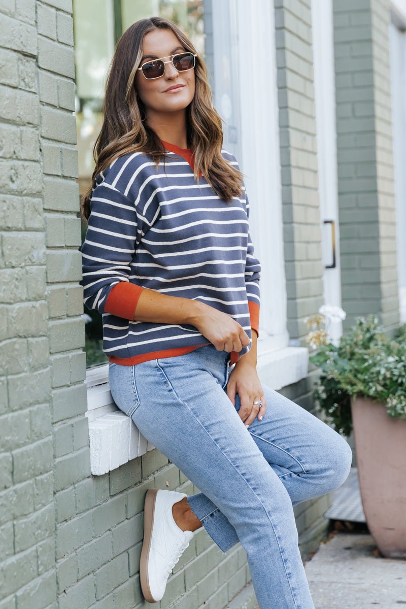 Navy and White Stripe Contrast Sweater - Magnolia Boutique