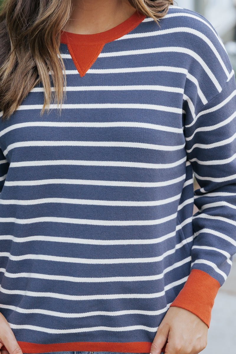 Navy and White Stripe Contrast Sweater - Magnolia Boutique