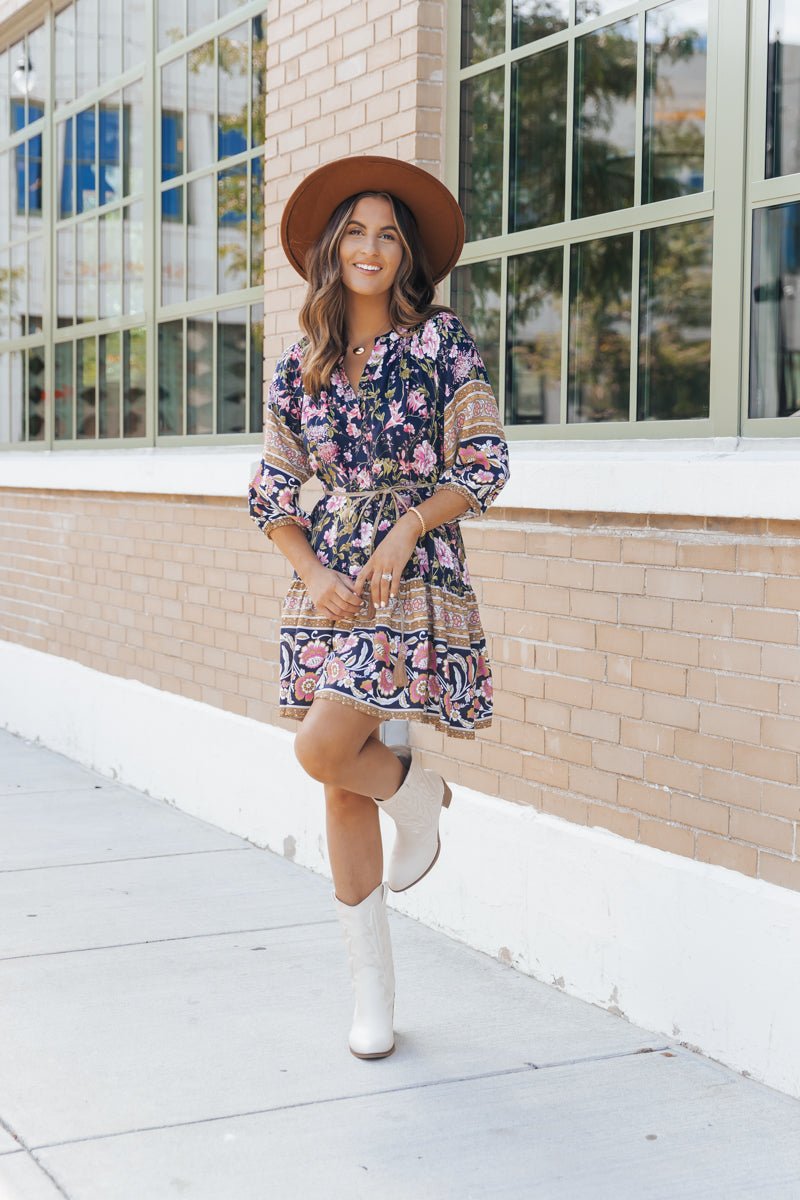 Navy Border Print Belted Mini Dress - Magnolia Boutique