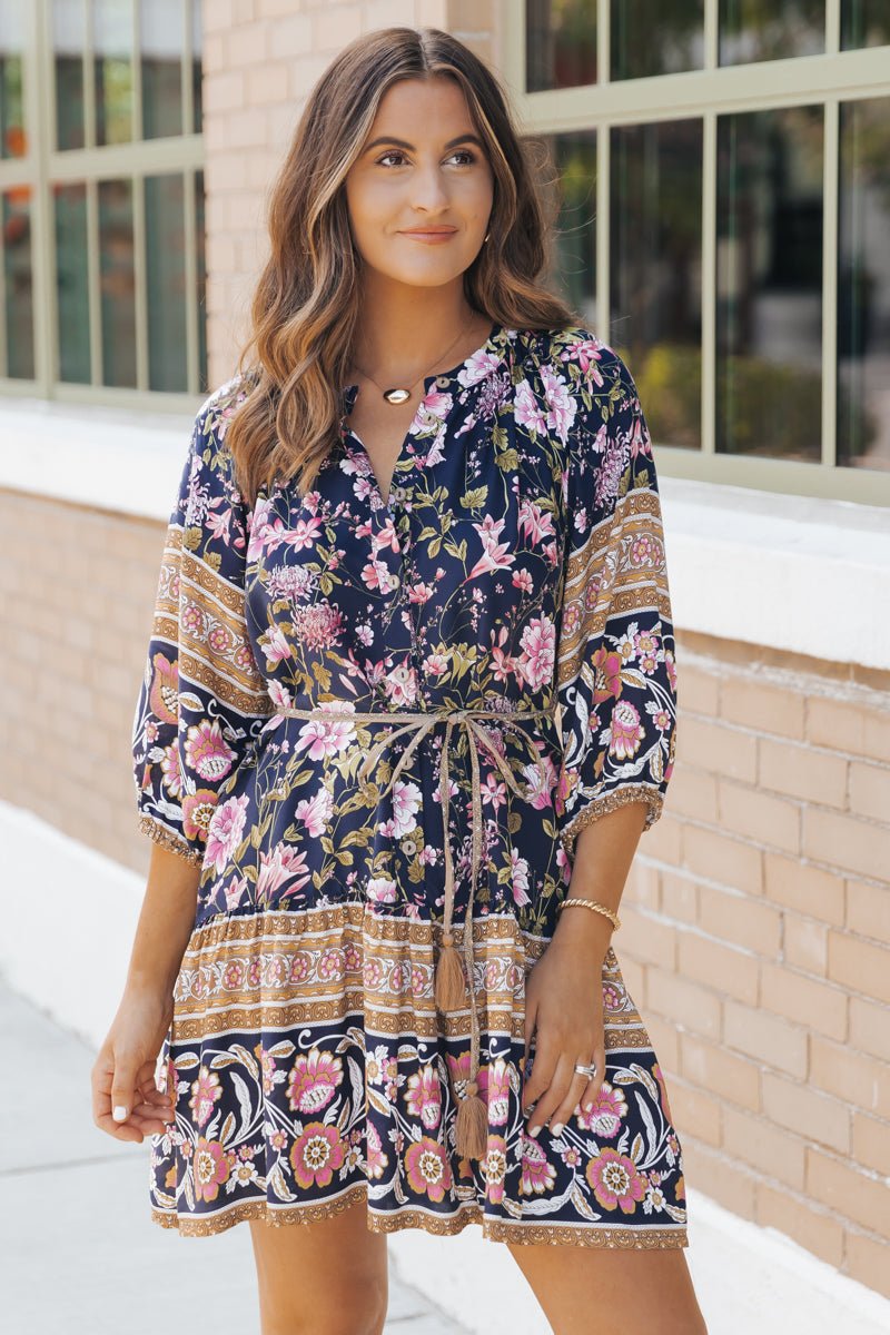 Navy Border Print Belted Mini Dress - Magnolia Boutique