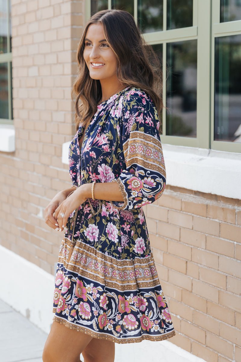 Navy Border Print Belted Mini Dress - Magnolia Boutique