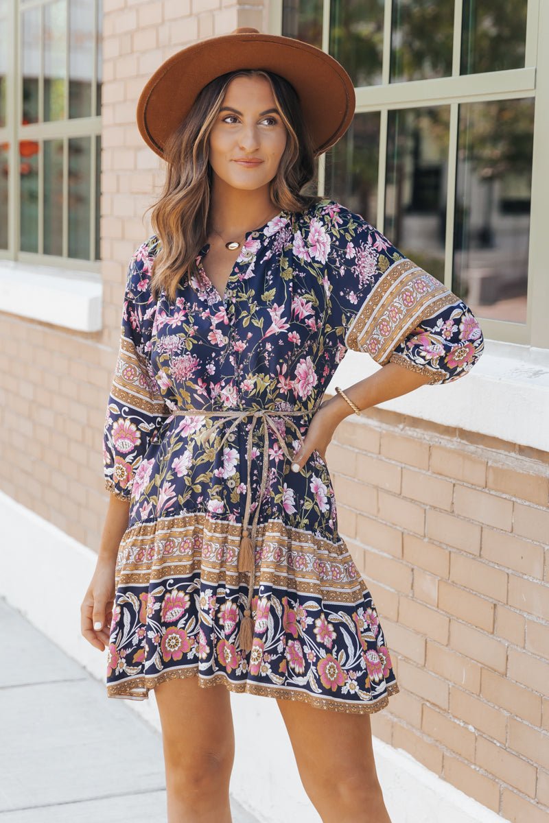 Navy Border Print Belted Mini Dress - Magnolia Boutique