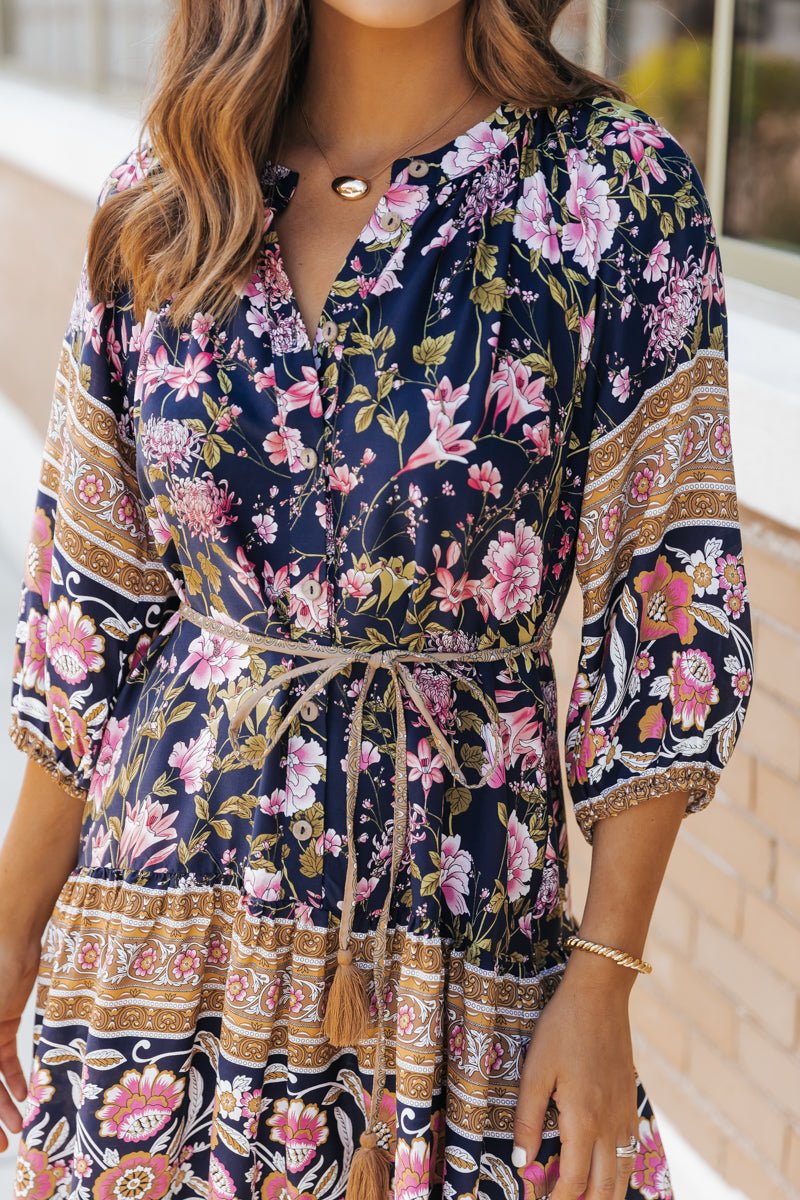 Navy Border Print Belted Mini Dress - Magnolia Boutique