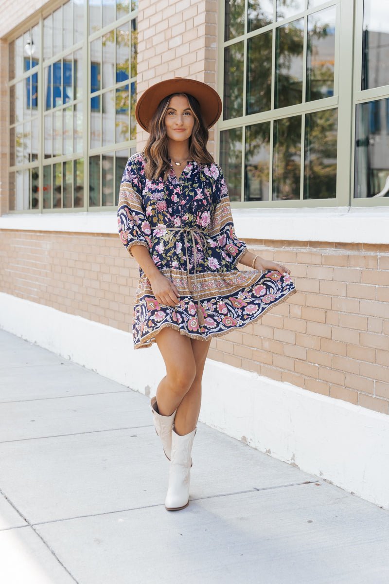 Navy Border Print Belted Mini Dress - Magnolia Boutique