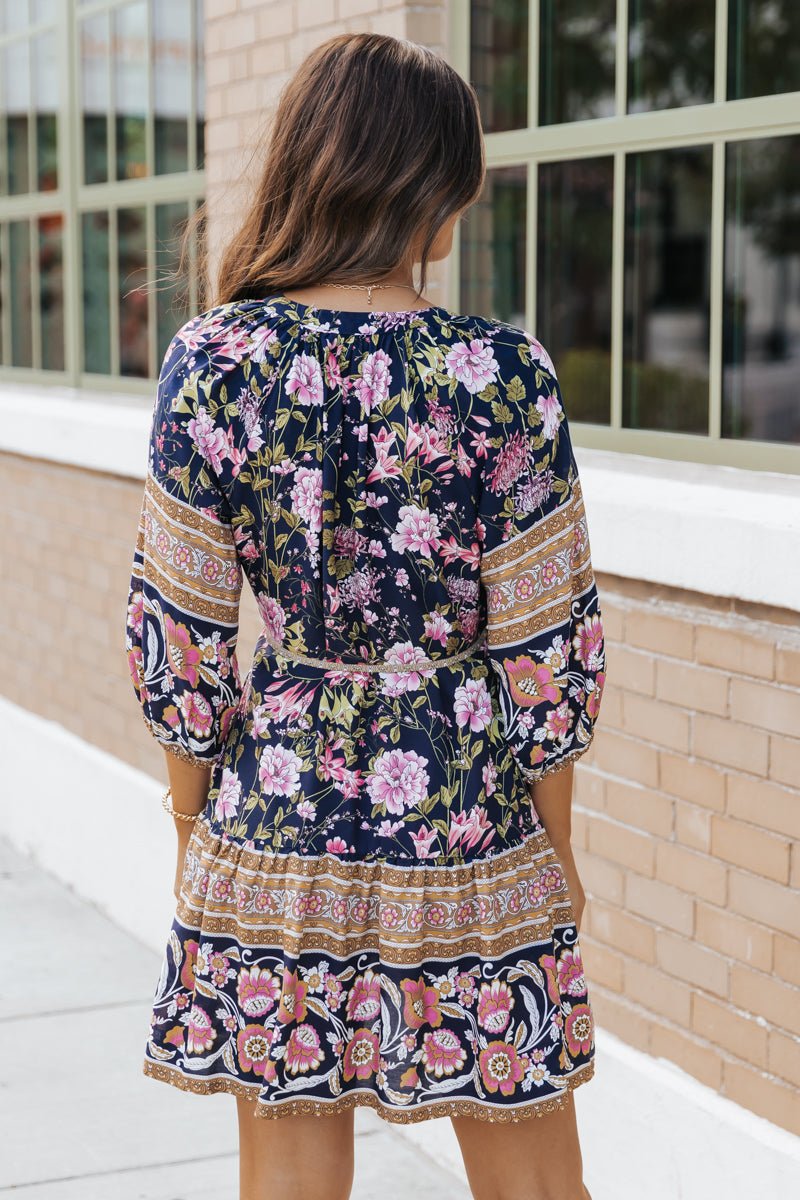 Navy Border Print Belted Mini Dress - Magnolia Boutique