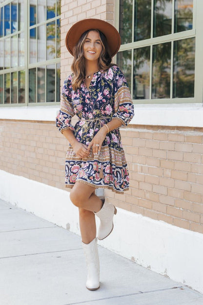 Navy Border Print Belted Mini Dress - FINAL SALE - Magnolia Boutique