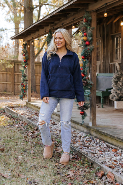 Navy Fleece Half Zip Up Jacket - Magnolia Boutique