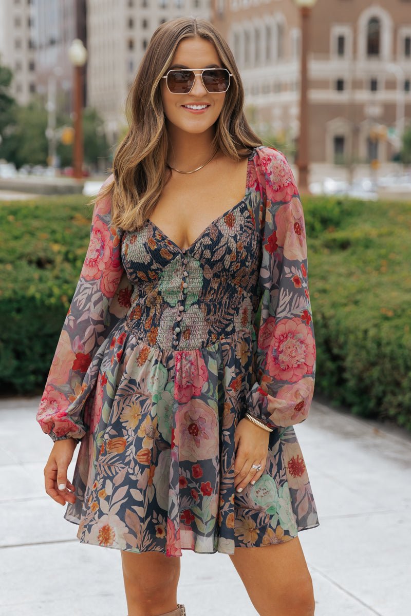 Navy Floral Print Mini Dress - Magnolia Boutique