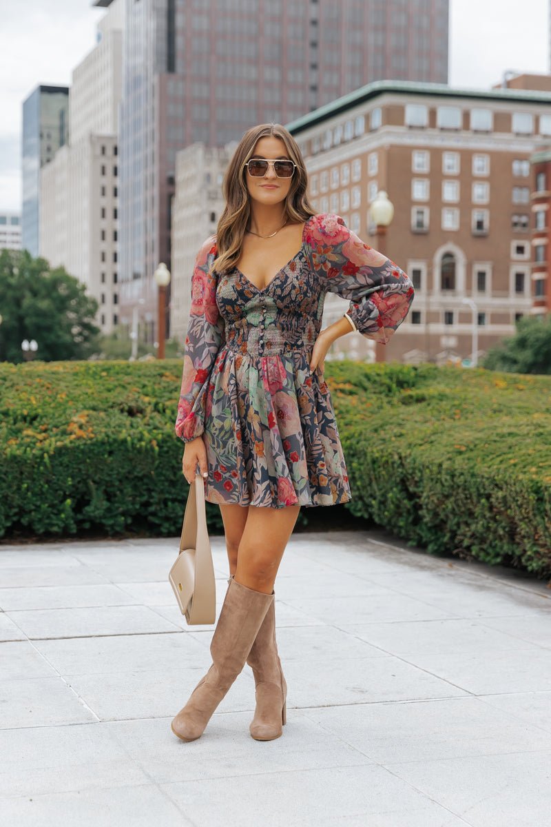 Navy Floral Print Mini Dress - Magnolia Boutique